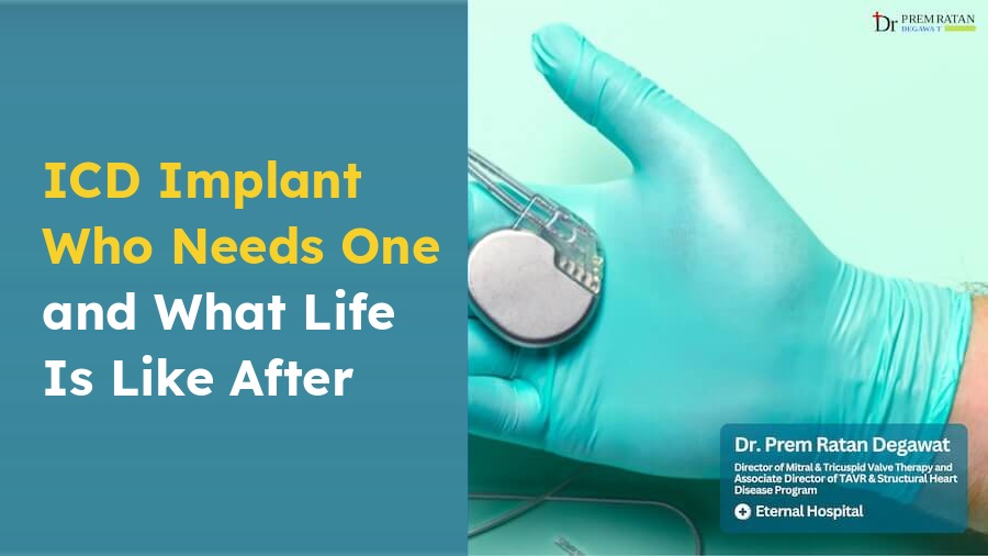 ICD implant banner showing a gloved hand holding an implantable cardioverter defibrillator.